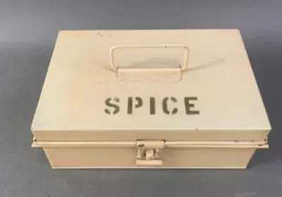 Vintage Tin Metal Spice Box Beige Farmhouse Storage Hinged Lid Handle • $20