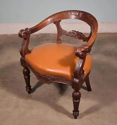 French Antique Renaissance Revival Oak & Leather Arm Chair Carved Wood • $1195
