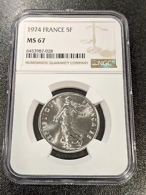 1974 MS67 France 5 Francs NGC KM 926a.1 • $39.99