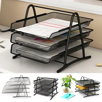 Filing Trays Holder A4 Document Letter Metal Wire Mesh Storage 3 Tiers Black • £9.19