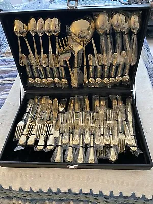 Davco Silver Rose  Pattern Gold Plated Flatware In Case Unused 51 Pieces • $110