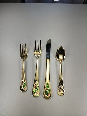 Holly Berry Flatware Gold Tone Spoon Forks Knife 4pc Japan Christmas  • $12.95