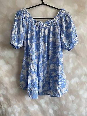 Womens Top Sz 8 Blue Bardot Off Shoulder Floral F&f Ladies Spring Holiday • £9