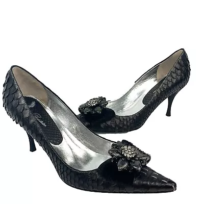 DI BEATRICE Black Italian Leather Fur Bejeweled Bow Pumps Womens Size 7.5 • $76.49