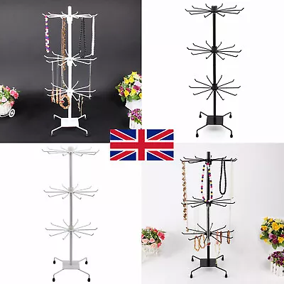 UK Rotating Metal 3 Tiers Stand Rack Jewelry Necklace Keyring Display 30 Hooks • £8.88