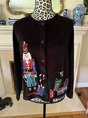 Michael Simon Event NUTCRACKER Christmas Cardigan Velvet Sweater Sequin Large* • $70