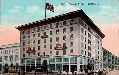 1925 Fresno California Hotel Fresno Vintage Postcard Trolley US Flag Cars • $10.28