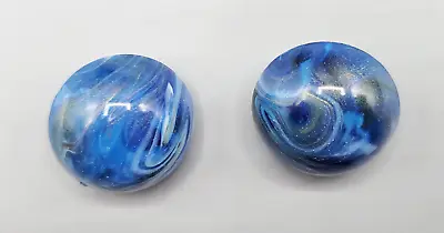 West Germany Vintage Clip Earrings Button Style Blue Marbled Plastic Mid Century • $14.99