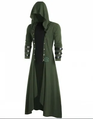 Mens Gothic Trench Coat Military Hooded Steampunk Long Jacket Overcoat Cosplay • $47.59