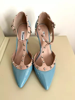 DUNE Light Blue & Beige Studded Patent Leather Stiletto Heel T-Bar  Shoes Size 5 • £17.99