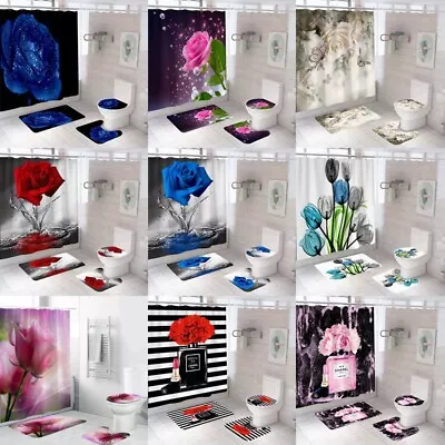 Rose Flower Bathroom Shower Curtain Non-Slip Bath Mat Toilet Lid Cover 4/3/1 Set • $21.83