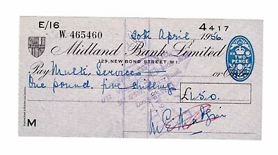 Midland Bank Ltd New Bond Street W1 Cheque Issued In 1956. • £2.50