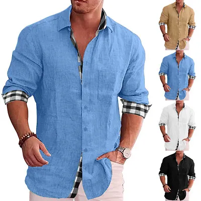 Mens Cotton Linen Shirt Smart Grandad Work Casual Slim Fit Long Sleeve Tops UK • £11.69