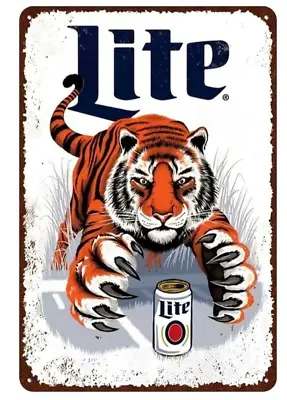 Miller Lite Tin Beer Sign - Vintage Retro Tiger - NEW - Tin 8” X 12” Mancave Art • $17.95