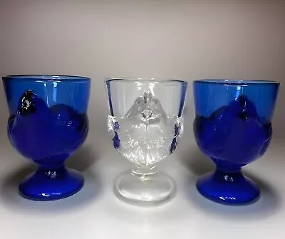 (3) Vintage Chicken Hen Egg Cup Holders Arcoroc France 2 Cobalt Blue 1 Clear Egg • $20