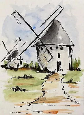 ACEO Original Miniature Pen And Wash Sketch Of A Spanish Windmills. Original Art • £5