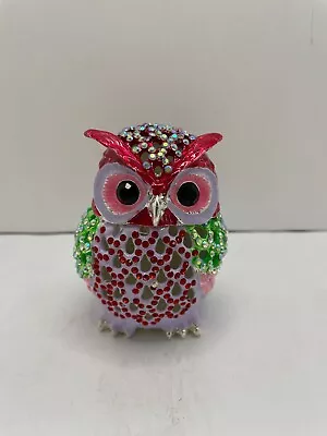 Owl Red Hand Painted Bejeweled Hinged Trinket Jewelry Box • $18