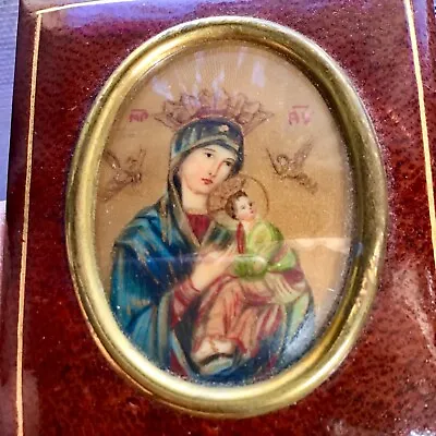 Miniature Portrait Madonna And Child Hand Painted Leather Frame Case Italy • $100