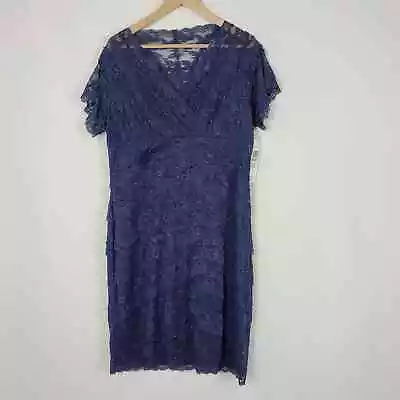 NWT Marina Blue Lace Beaded Embellished Short Sleeve Mini Dress Women's Size 14W • $12