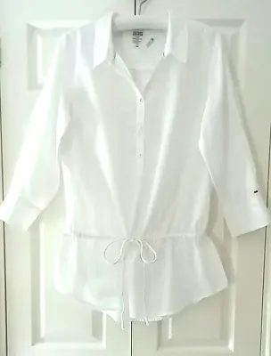 £14.95 • Buy Lightly Worn HILFIGER DENIM Pure White Cotton Voile Over Blouse Shirt LARGE UK14