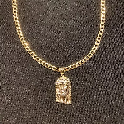 Men’s Gold Chain Cuban 20in 4mm And Jesus Piece .925 Italy • $64.99