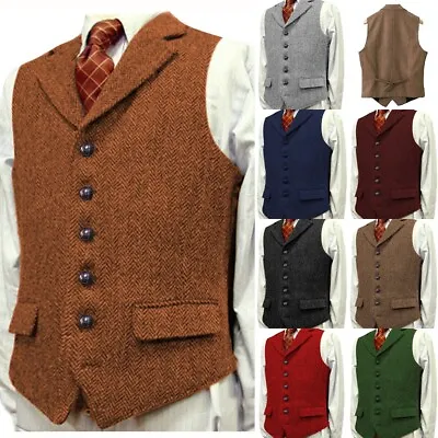 Mens Tweed Waistcoats Wool Formal Vintage Hunting Vest Herringbone 44 46 48 50 • $44.54