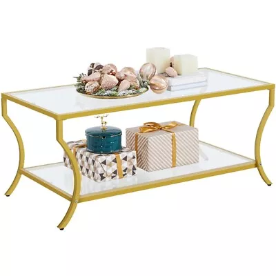 2-Tier Rectangular Glass Coffee Table With Curved Frame For Small Space & Office • $89.99