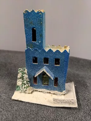 Vtg Christmas Village Putz Cardboard House Japan Mica Snow Blue • $10.99