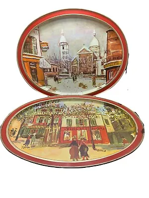 2 Vtg Sunshine Biscuits Tin Platter Maurice Utrillo Snow Montmartre Petit Cafe • $15.90