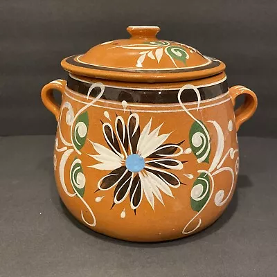 Olla De Barro Decorada Con Tapa Decorated Red Clay Bean Pot Lid Mexico Lead Free • $29.95