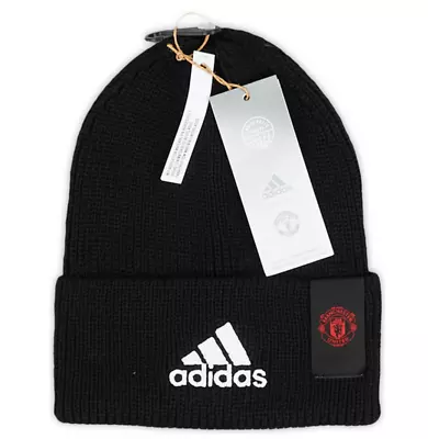 Manchester Utd Official Adidas Black Beanie Hat Size S Adult Kid's UK Seller • £10.99