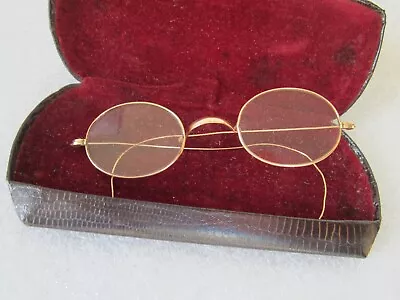 Original Antique Waj Eyewear Solid 10k Gold Oval Wire Rims Spectacles W/ Case • $79