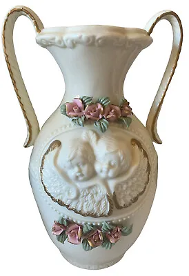 Vtg Victorian Vase Home Decor Ivory Angels And Pink Roses Style • £19.25