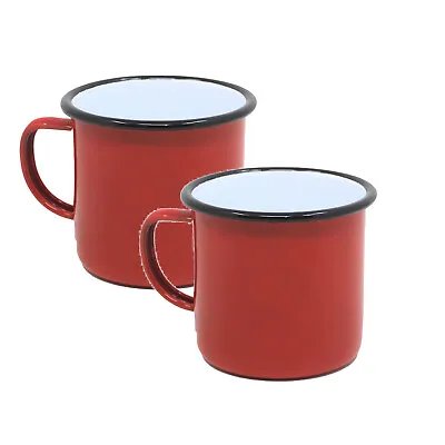 2pcs Falcon Red Black Rim 500ml Coffee Mug Enamel Tin Gas Electric Hobs Safe • £12.95