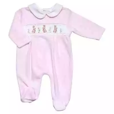 £11.95 • Buy NEW Baby Girls Spanish Style Sleepsuit Outfit Pink Velour Rabbit Smocked 0-3-6M