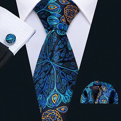 Men's Peacock Blue Silk Tie Novelty Orange Necktie Cufflinks Hanky Set Party • $12.99