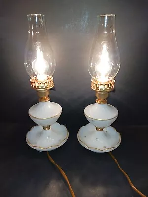 PAIR Atomic Starburst Milk Glass Table Lamps W/ Chimneys MCM Beautiful Set 16  • $65