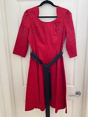 Hearts And Roses Rock And Roll Red Dress With Black Spots Ribbon Belt Size Uk 16 • $35