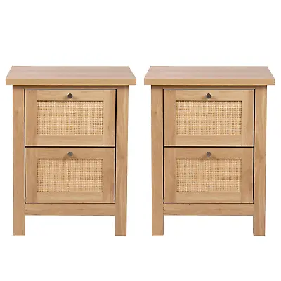 Pair Of Small Oak Effect Bedside Table With 2 Drawer And Rattan Front | Lamp ... • £119.99