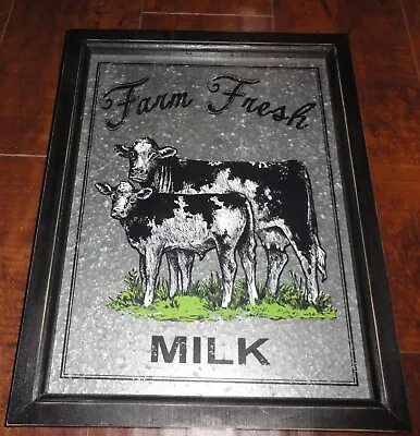 Framed Tin “Farm Fresh Milk”sign W/Mama Cow And Baby Calf  • $18