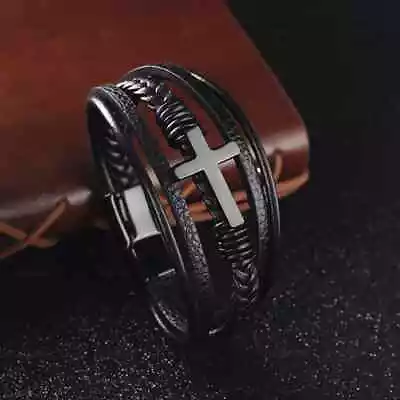 Genuine Leather Men's Bracelet Cross Stainless Steel Religion Christian Bangle • $12.34