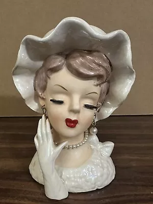 Vintage 1950's Lefton Lady Head Vase Planter Iridescent Glaze 2568 With Hat • $44.99