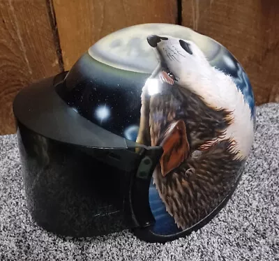 Vintage 70’s Hand Painted WOLF & MOON Motorcycle Helmet W/ ILC Vari-Shield Visor • $114.95