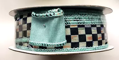 MacKenzie Childs Courtly Check Ribbon Aqua Blue Edge 1  Wide Sold By The Yard • $5.99