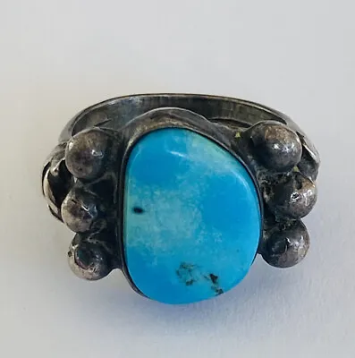 Old Pawn Vintage Navajo Sterling Silver Turquoise Ball Beaded Ring Size 9 • $149.99