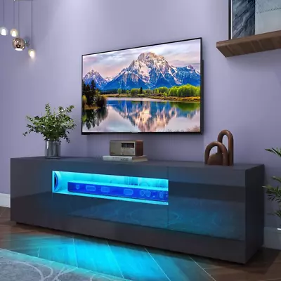 Large LED TV Stand For 75 Inch Tvs Black High Glossy Media Center With 2 Cabinet • $142.53