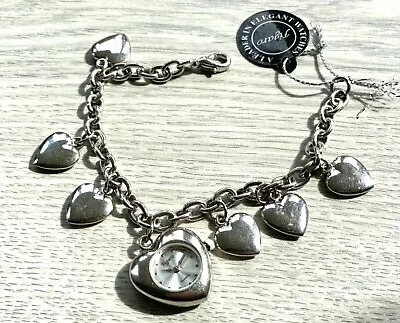 £13.50 • Buy Ladies Silver Heart Shaped Watch On Charm Link Bracelet By Figaro New W/Battery