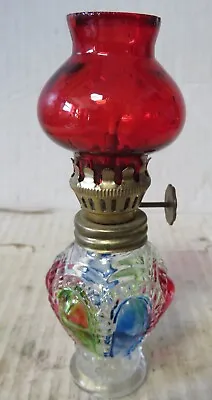 Oil Lamp Miniature Pattern Glass Flash Paint Red Green Blue W/ Red Glass Globe • $9.07