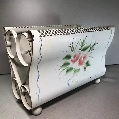 Vintage Tole Metal Magazine Rack WHITE Pink Roses & Blue Ribbon Wooden Feet • $22.99