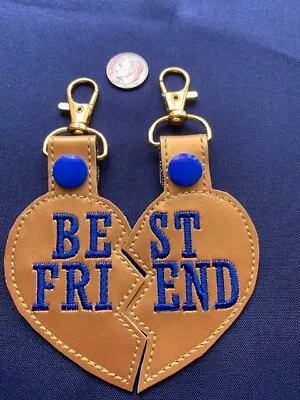 NEW 2 Part Set BEST FRIENDS Half Heart GOLD Blue Swivel Clip Embroidered Fob • £9.65